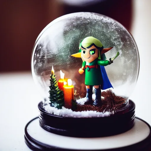 Prompt: Snow globe, candles, Gustav Klutsis, Fallout, Pietro Fragiacomo, Legend of Zelda, mist, snow, pine tree, Aloe vera, swamp, dollar bill, shed, album art,