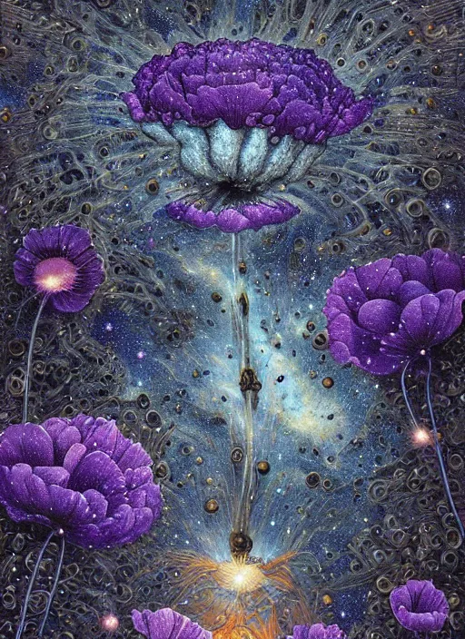 Image similar to detailed, intricate blue black and purple papaverum flower on the field, nebula, galaxy in the sky, winning award masterpiece, fantastically beautiful, illustration, aestheticly inspired, jacek yerka, upscale with anguissola sofonisba work, artstation, 8 k