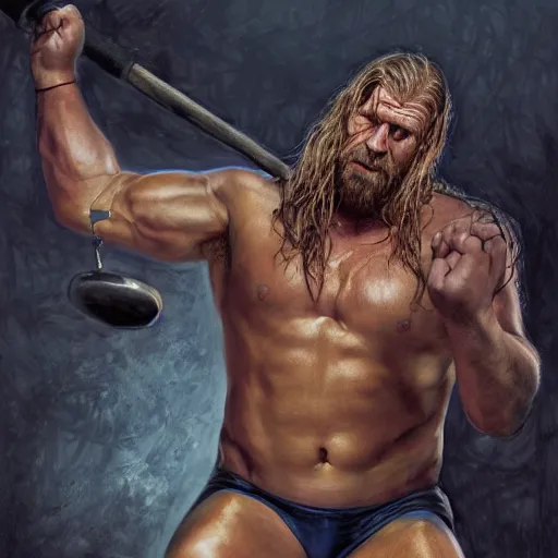 Prompt: hyperrealistic expressive! Wrestler Triple H, his hand raising a sledgehammer, concept art masterpiece brad kunkle hannah yata dramatic blue light low angle hd 8k sharp focus