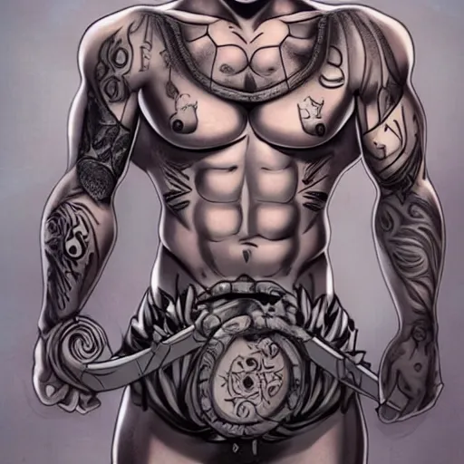 Image similar to muscular bald man, tattooed body, sword in hands, HD, anime style,