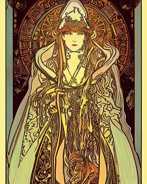 Prompt: “ the high priestess tarot card decorative poster by alfonse mucha, highly detailed, trending on artstation ”