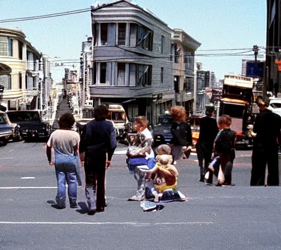 Image similar to color film still of aliens observing humans walking on the street in San Francisco in 1985