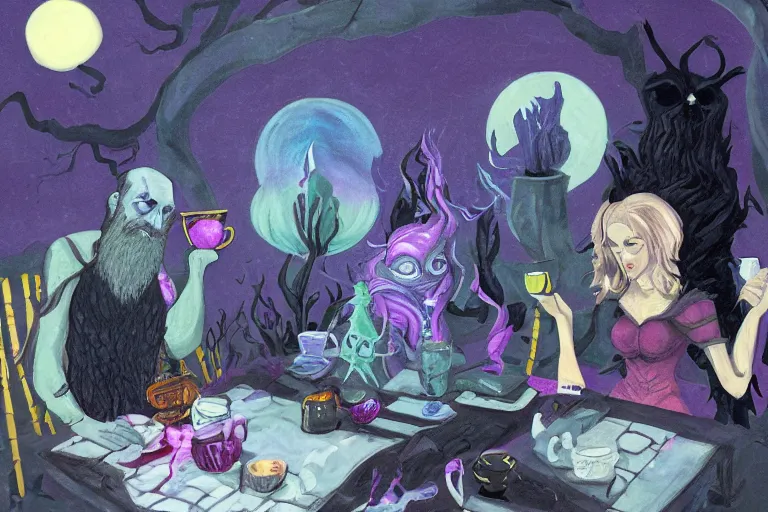 Prompt: Liz (sorceress), Tim (bearded alchemist) having tea with the Voidlings (creatures of the void) | fantasy painting