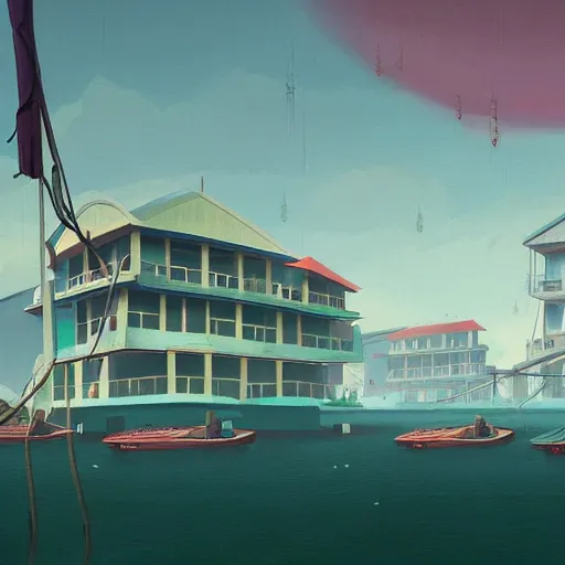 Image similar to yachting club by simon stalenhag