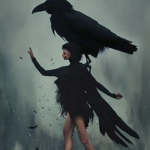 Prompt: morning, a woman in a black dress with a raven for head. sun, cinematic, clouds, vogue cover style, contracting colors mood, realistic painting, intricate oil painting, high detail, figurative art, multiple exposure, poster art, 3 d, by simon bisley, ismail inceoglu, wadim kashin, filip hodas.