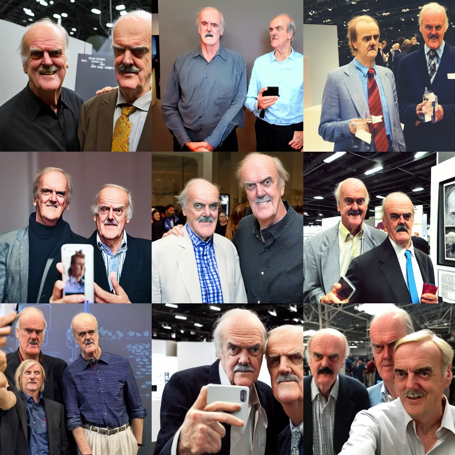 Prompt: a selfie taken by a young man with long blond air standing next to john cleese at a high - tech exhibition, in the style of annie leibovitz