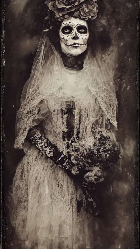 Prompt: tintype full body view, young woman in veiled dia de muertos dress and make up, horrific beautiful vibe, evocative, atmospheric lighting, painted, intricate, highly detailed,