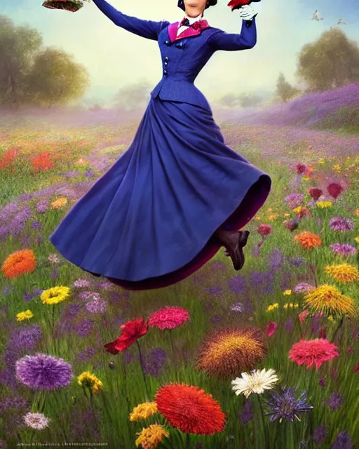 Image similar to Julie Andrews Mary Poppins from Disney 1964 dancing in a field full of flowers, wide-angle shot, D&D, fantasy, intricate, elegant, highly detailed, digital painting, artstation, concept art, matte, sharp focus, illustration, hearthstone, art by Artgerm and Greg Rutkowski and Alphonse Mucha