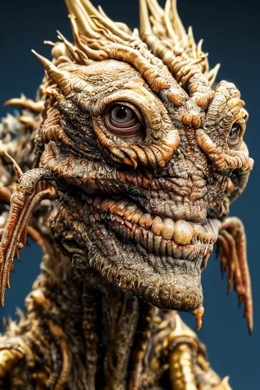 Prompt: photo taken of an epic intricate, ultra detailed, super realistic gritty, lifelike sculpture of a nightmarish hellish creature created by weta workshop, zoomed in shots, photorealistic, sharp focus, white wall coloured workshop, cold, f 0. 4, face centred, golden ratio, golden hour