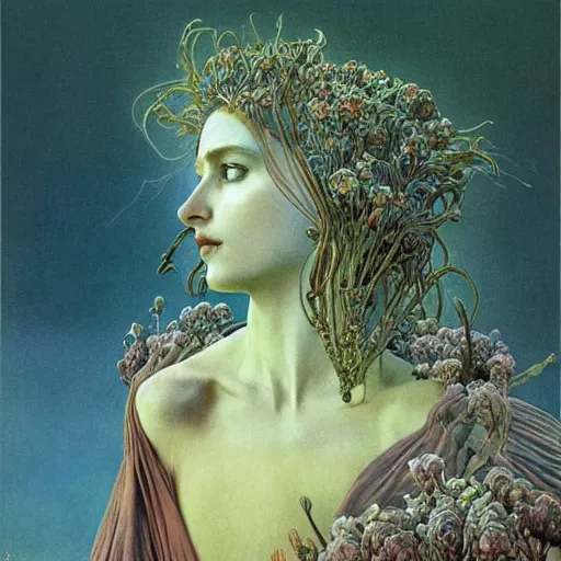 Image similar to queen of jupiter by zdzisław beksinski and alphonse mucha. highly detailed, hyper - real, beautiful
