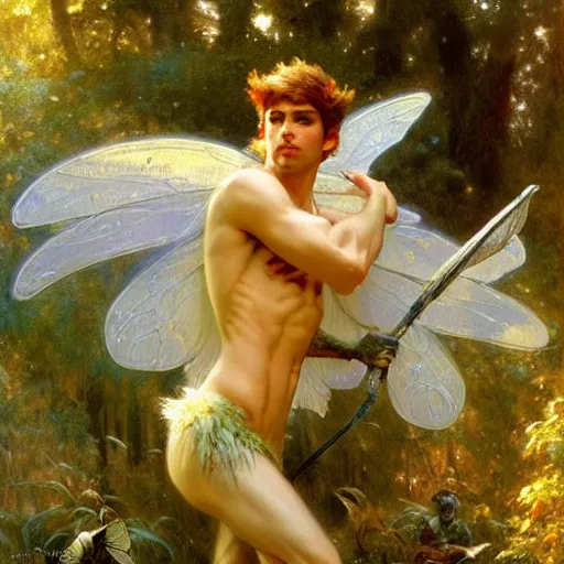 Image similar to attractive male fairy with wings in the forest, posing. highly detailed painting by gaston bussiere, craig mullins, j. c. leyendecker, 8 k