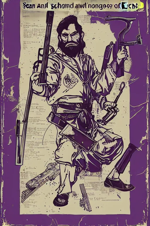 Image similar to saint homo neanderthalis, with book of science, on his right hand, and riffle, on his left hand, violet polsangi pop art, gta chinatown wars art style, bioshock infinite art style, incrinate, realistic anatomy, paper frame, hyperrealistic, two colors, white frame, 4 k, uhd, remove duplicate content