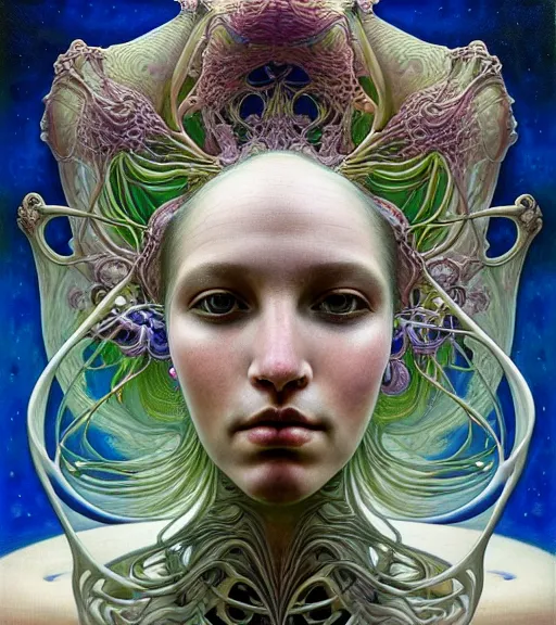 Prompt: detailed!!! coherent!!! realistic beautiful young groovypunk queen of andromeda galaxy. face portrait. art nouveau, symbolist, visionary, baroque, giant fractal details. horizontal symmetry by zdzisław beksinski, iris van herpen, raymond swanland and alphonse mucha. highly detailed, hyper - real, beautiful