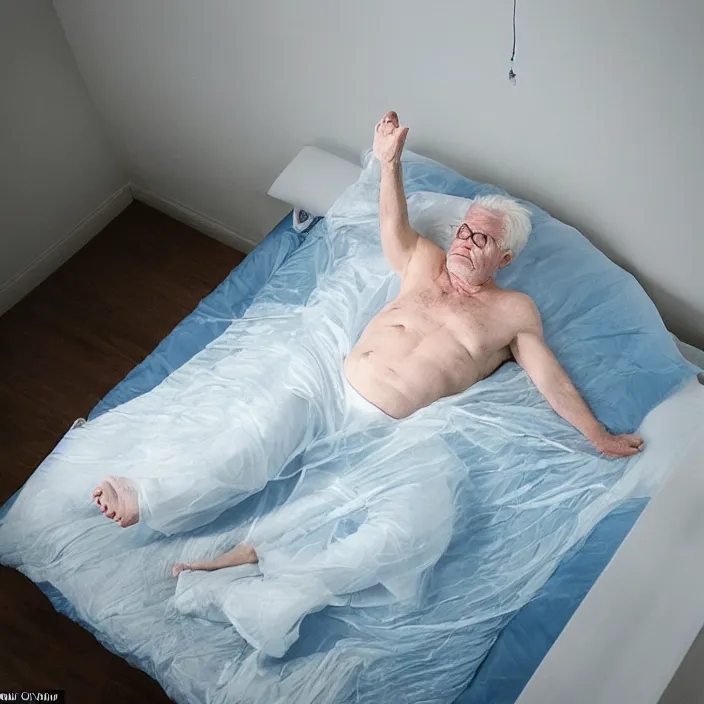 Prompt: a 7 0 year old white haired man lays on a bed, a transparent iridescent figure levitates above him, by favid chipperfield, canon eos c 3 0 0, ƒ 1. 8, 3 5 mm, 8 k, medium - format print