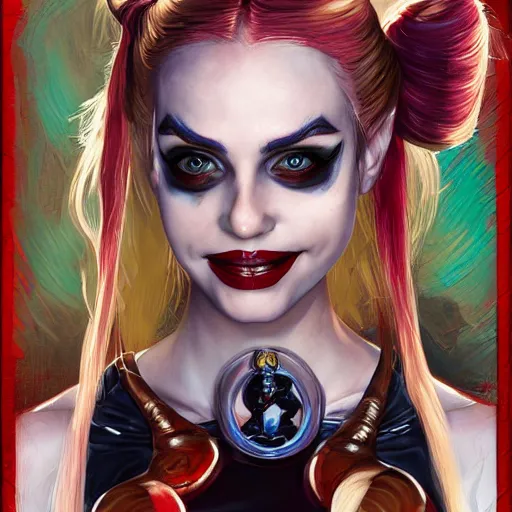Prompt: Harley Quinn, young woman with blonde hair and two pigtails wearing a shiny latex top, face, fantasy, intricate, elegant, highly detailed, digital painting, artstation, concept art, smooth, sharp focus, illustration, art by Fernanda Suarez and Artem Demura and alphonse mucha