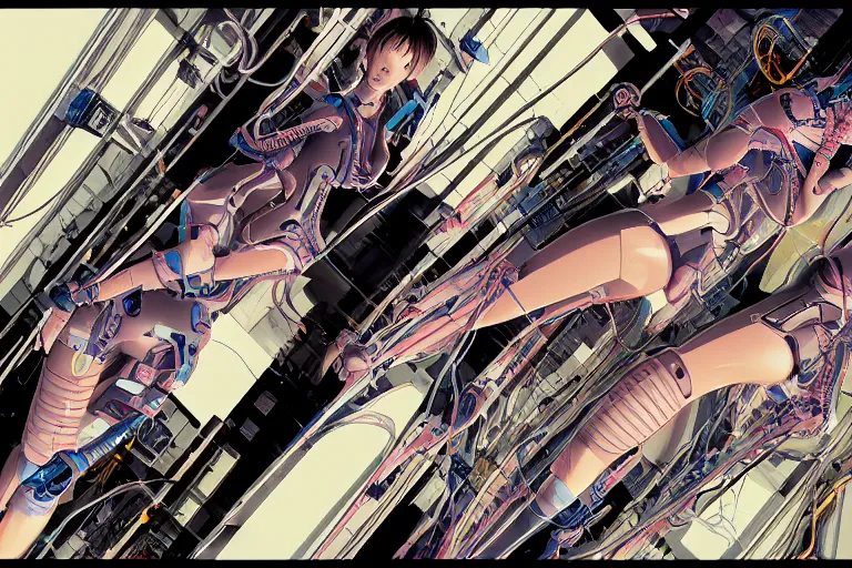 Image similar to a finely composed cyberpunk illustration of a group of female androids in style of hajime sorayama, lying on an abstract, empty, white floor with their body parts scattered around and cables and wires coming out, by katsuhiro otomo and masamune shirow, hyper-detailed, intricate, colorful, view from above, wide angle, close up, beautiful