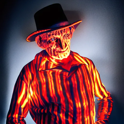 Prompt: 3/4 view portrait of Freddy Krueger, dramatic low-key neon lighting, light painting, editorial photo from magazine,