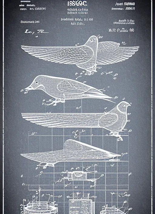 Image similar to a graphic design poster of the isometric detailed blueprint of the pigeon in space, patent illustration, no text 1 9 9 0, poster design, japan graphic comics manga art illustration, silkscreen risograph, greyscale monochrome