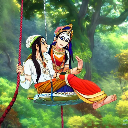 Prompt: radha and krishna on a swing in the forest, anime adaptation of the radhakrishn tv show, mushoku tensei, style, wide angle, vivid detail, god eater, anime, studio bind