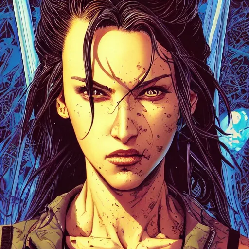 Image similar to portrait of crazy lara croft, symmetrical, cinematic colors, by yoichi hatakenaka, masamune shirow, josan gonzales and dan mumford, ayami kojima, takato yamamoto, barclay shaw, karol bak, yukito kishiro