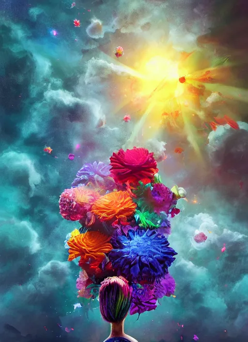 Image similar to An epic fantastic realism comic book style painting of the most beautiful spinning flowers floating into the dark cosmos, exquisite bouquets, fisheye, a star explodes into rainbows, unreal 5, DAZ, hyperrealistic, octane render, dynamic lighting