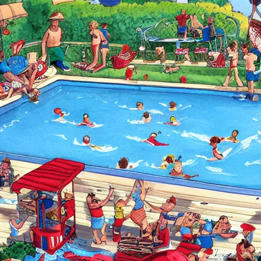 Image similar to where's wally book page highly detailed, swimming pool setting