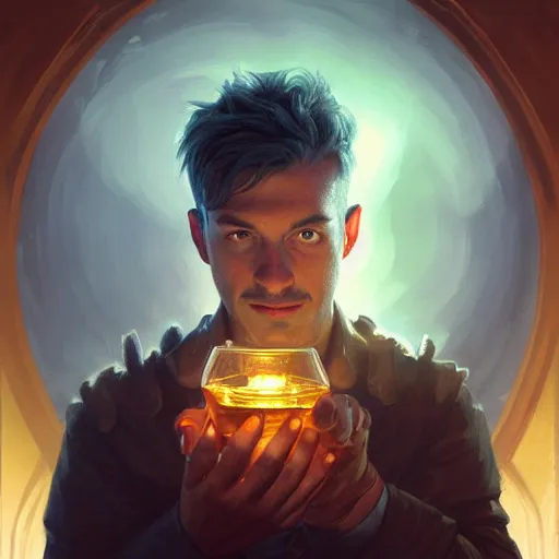 Image similar to man holding he's soul in a jar portrait, backlight, rim lighting, deep focus, d & d, fantasy, intricate, elegant, highly detailed, digital painting, artstation, concept art, matte, centered, sharp focus, illustration, hearthstone, art by artgerm, greg rutkowski and alphonse mucha