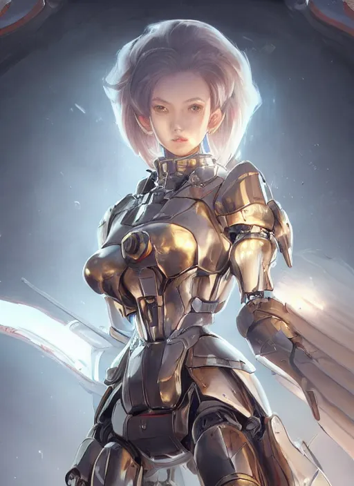 Image similar to a female holy mecha paladin absurdly beautiful, elegant, ultrafine hyperrealistic detailed face illustration by zeen chin and artgerm and greg rutkowski, intricate linework, sharp focus, smooth, octopath traveler, final fantasy, unreal engine highly rendered, global illumination, dramatic lighting, misty, volumetric fog, 8 k
