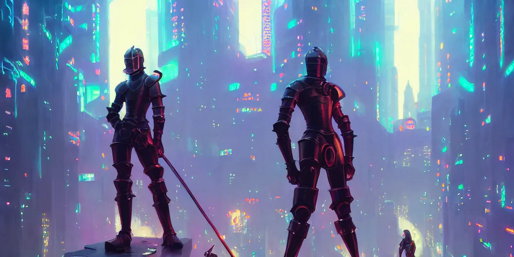 Image similar to medieval knight standing in a neon lit futuristic city, wlop, ilya kuvshinov, artgerm, krenz cushart, greg rutkowski, hiroaki samura, range murata, james jean, katsuhiro otomo, erik jones, serov, surikov, vasnetsov, repin, kramskoi