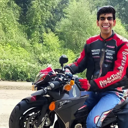 Image similar to photo of rishi sunak on a motorcycle smiling but angry