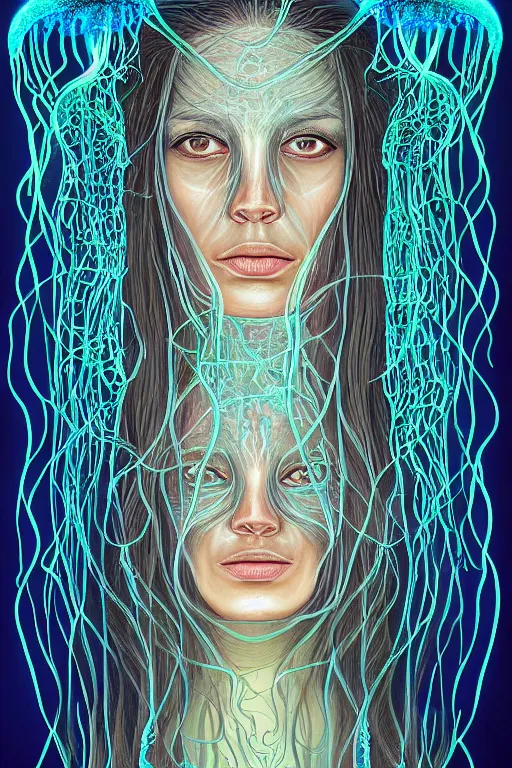 Image similar to dark underwater portrait of a Bioluminescent woman, with reaction diffusion semi-transparent skin. face closeup. long intricate dark hair, with jellyfish. very high detail, illustration, by alex grey