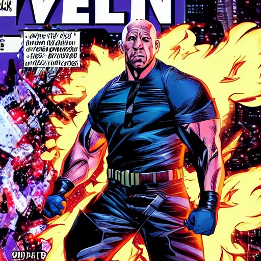 Image similar to Vin Diesel as a comic book hero fighting off evil,, 4k, comic book cover