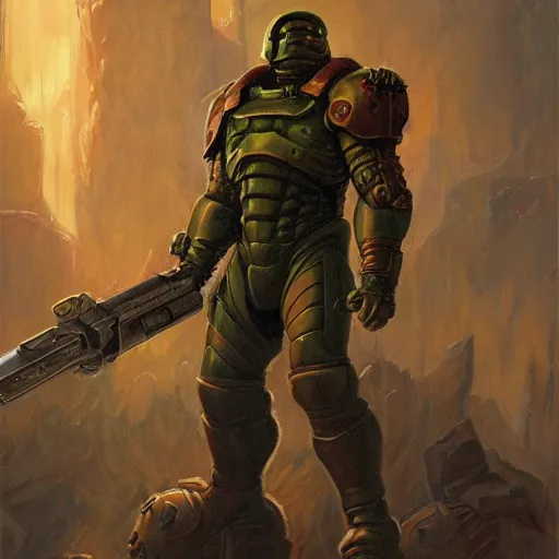 Prompt: The Doomguy as a fantasy D&D character, portrait art by Donato Giancola and James Gurney, digital art, trending on artstation