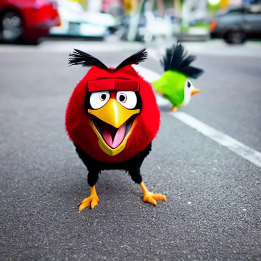 Prompt: angry bird in cool clothes