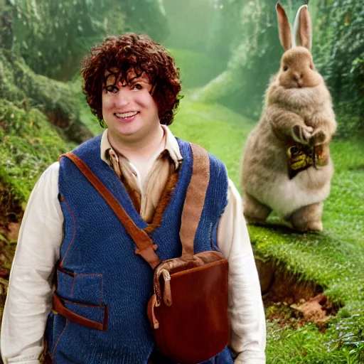 Image similar to clean shaven pudgy British lad with short curly dark brown hair as a hobbit wearing a white men's crossbody sling chest bag and blue vest standing next to a giant rabbit, blue vest! white crossbody chestbag! high resolution film still, movie by Peter Jackson