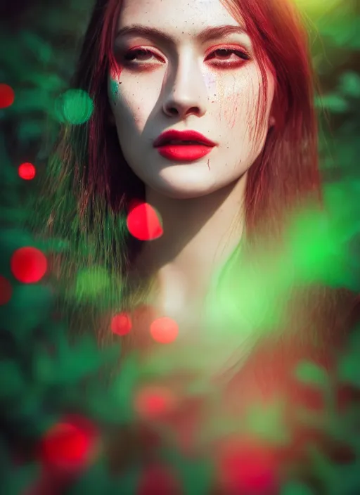 Prompt: beautiful portrait, ( ( head shot ) ), red gui sharp focus, neo classic, bloom, movie still, dogi, sony, symmetrial, makeup, sephora, loreal, green highlights, lens flare, studio light, octane render, maybelline, model, forest, traditional, vsco, bokeh, 8 k