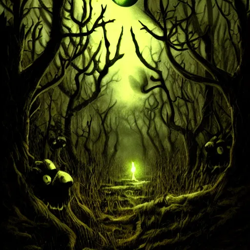 Prompt: Nightmare shadows with glowing eyes lurk in the forest, by Keith Thompson, spooky, dark, night