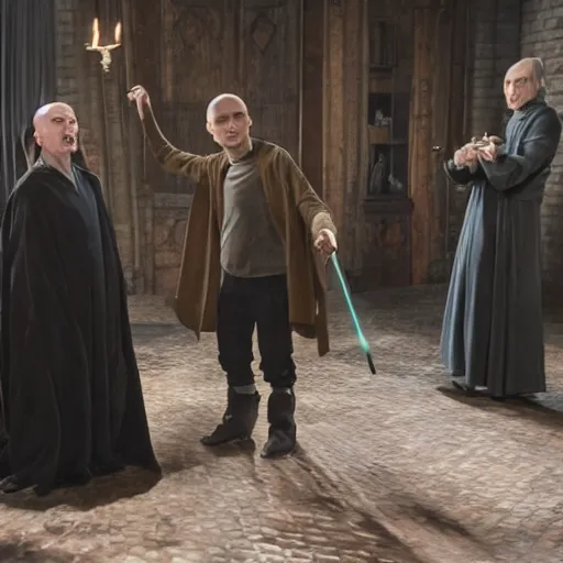 Prompt: vlodymyr zielinski as voldemort tormenting harry potter and friends