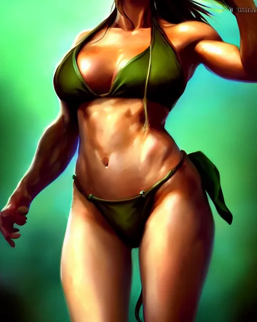 Image similar to play of the game of cammy wearing green bikini, perfect face, brown hair, abs, cinematic, stunning, cute, adorable, strong, highly detailed, long gorgeous hair filling the frame, psychedelic, digital painting, artstation, smooth, hard focus, illustration, art by jessica rossier and brian froud,