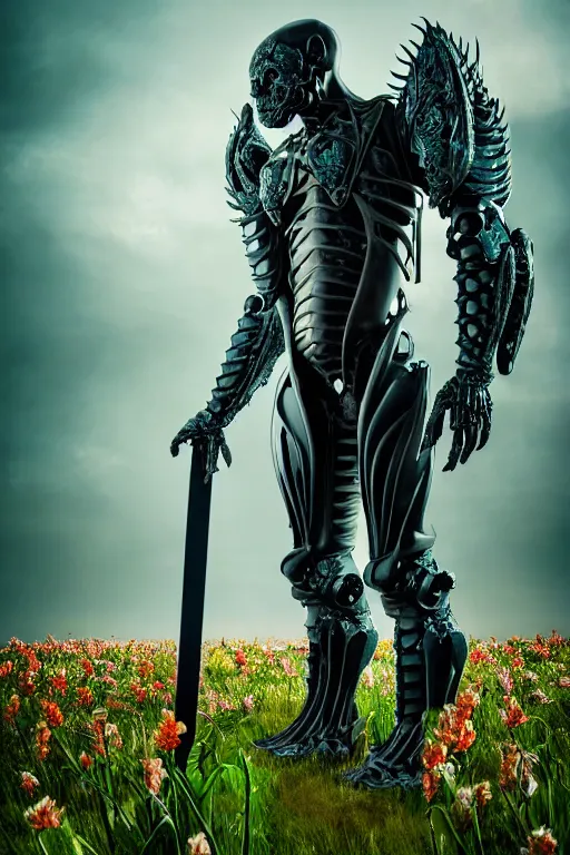 Image similar to neo - gothic giant muscular humanoid chimera, exoskeleton armor, holding katana, standing in a field of flowers, highly detailed smooth concept art masterpiece, vitaly bulgarov giger dramatic dark teal light, ground angle hd 8 k, sharp focus