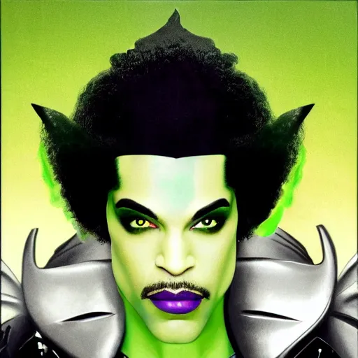 Prompt: a portrait of prince as gemini in a batman film. half his face is white with green hair. in the style of herbert bayer