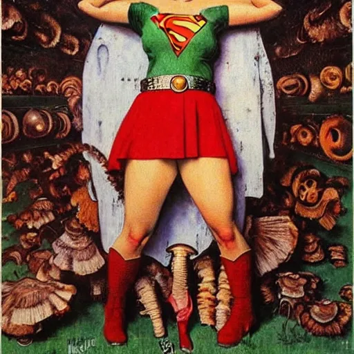 Prompt: Super heroine with the powers of mushrooms. A painting by Norman Rockwell.