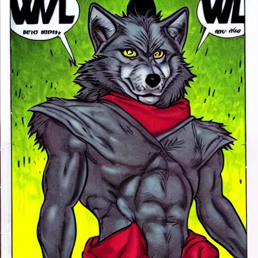 Image similar to 1 9 8 0 s comic book cover scan featuring a portrait of villain male wolf o'donnell anthropomorphic wolf furry fursona from starfox wearing a dark space mercenary uniform, dark grey wolf, handsome eyes, wolf o'donnell