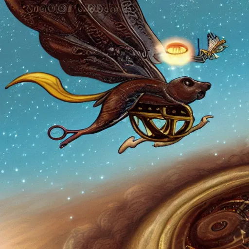 Prompt: a mouse wearing steampunk wings flying through Jupiter, fantasy illustration