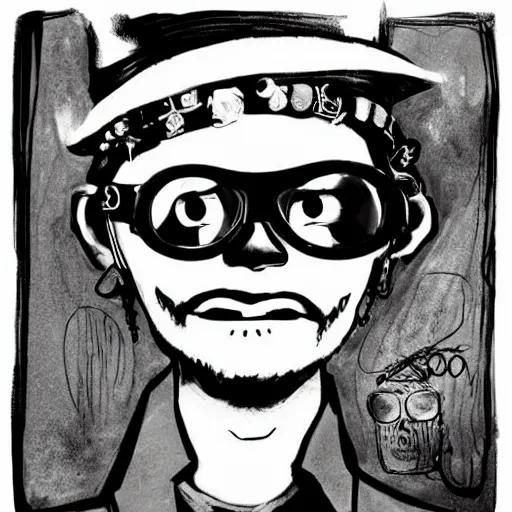 Prompt: a eccentric goth guy wearing goggles and eclectic jewelry, small details, aesthetic!!!, by jamie hewlett, jamie hewlett art,