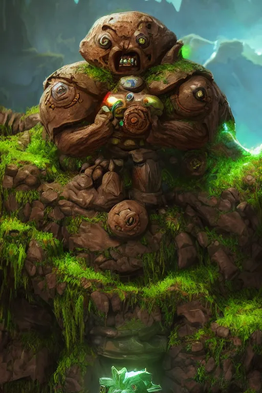 Image similar to zelda fantasy art giant golem troll wood rock greeble gemstone, global illumination ray tracing hdr fanart arstation by sung choi and eric pfeiffer and gabriel garza and casper konefal