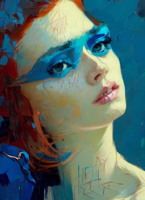 Image similar to portrait of a beautiful girl, redhead, shades of blue, warm colors, beautiful face, rule of thirds, intricate outfit, spotlight, by greg rutkowski, by jeremy mann, by francoise nielly, by van gogh, digital painting