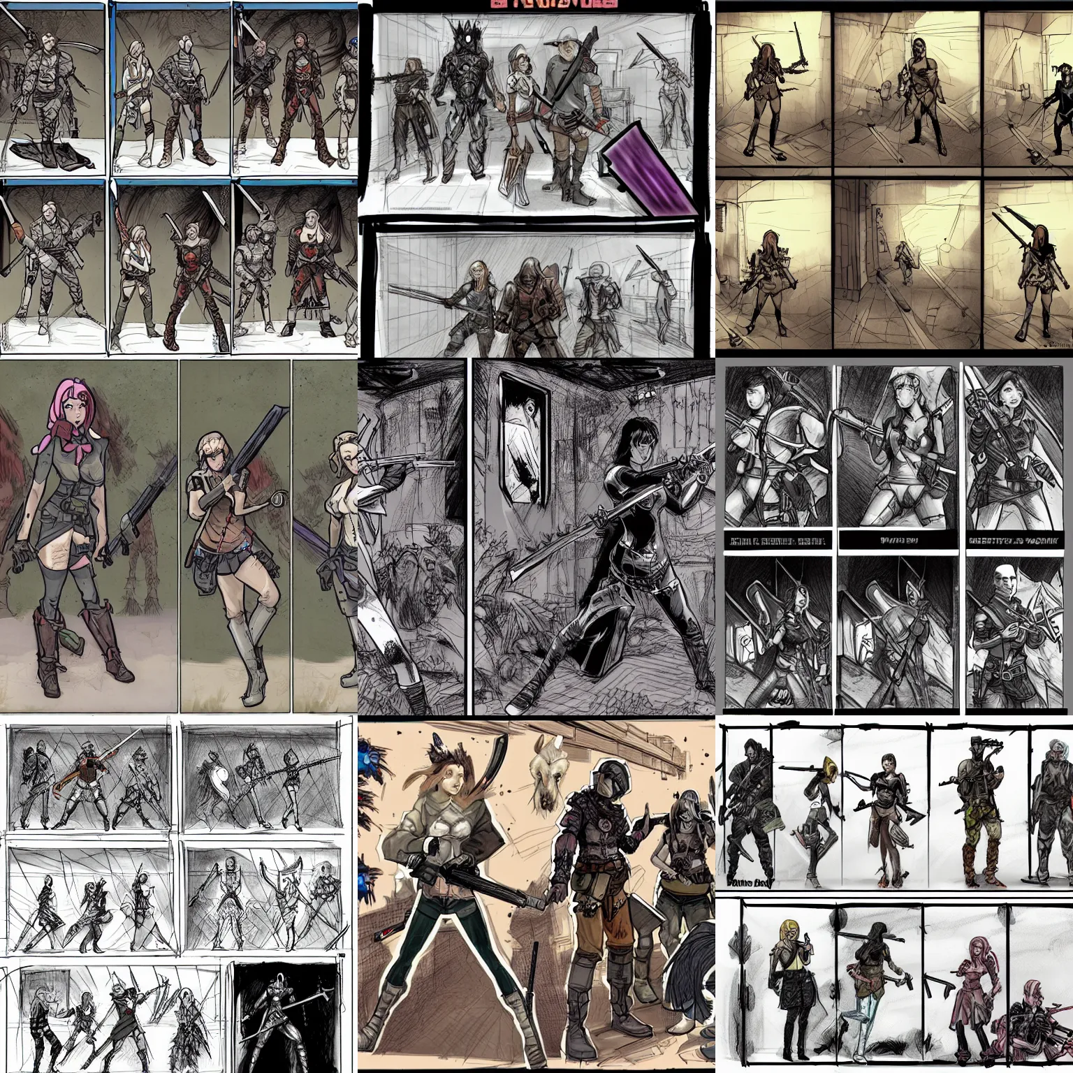 Prompt: a shotgun - toting modern day hunter ; and a sword - wielding magical girl stand back to back against a wall while darkspawn creatures approach them. storyboard scene layout sketch, by frank cho, dynamic layout