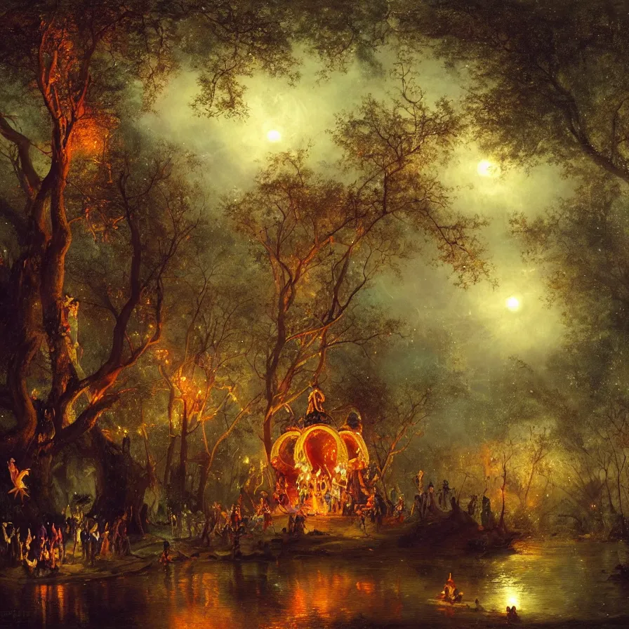 Image similar to a night carnival fairies around a magical tree cavity, with a surreal orange moonlight and fireworks in the background, next to a lake with iridiscent water, christmas lights, volumetric lightning, creatures and fantastic people disguised as fantastic creatures in a magical forest by summer night, masterpieceunderwater scene, masterpiece painted by andreas achenbach, scene by night