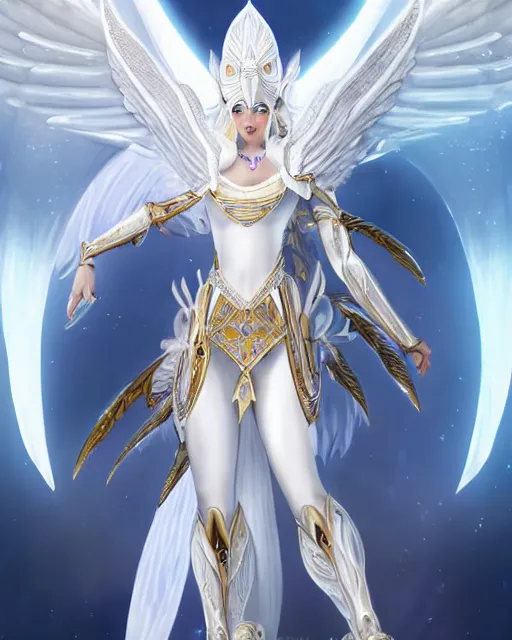 Image similar to perfect white haired egyptian goddess wearing white dove wings, warframe armor, regal, attractive, ornate, sultry, beautiful, dreamy, half asian, pretty face, blue eyes, detailed, scifi platform, 4 k, ultra realistic, epic lighting, android body, illuminated, cinematic, masterpiece, art by akihito tsukushi, voidstar, artgerm